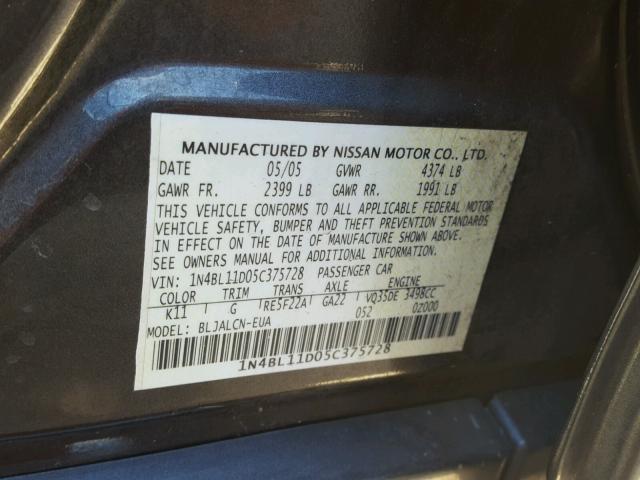 1N4BL11D05C375728 - 2005 NISSAN ALTIMA SE GRAY photo 10