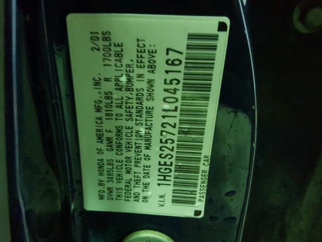 1HGES25721L045167 - 2001 HONDA CIVIC EX 蓝色 照片 10