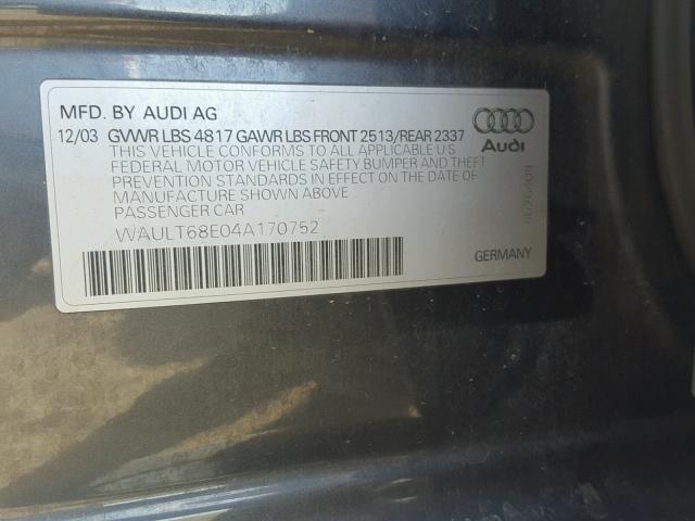 WAULT68E04A170752 - 2004 AUDI A4 3.0 QUA CHARCOAL photo 10