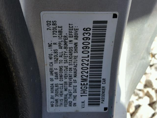1HGEM22022L090936 - 2002 HONDA CIVIC EX ვერცხლისფერი ფოტო 10
