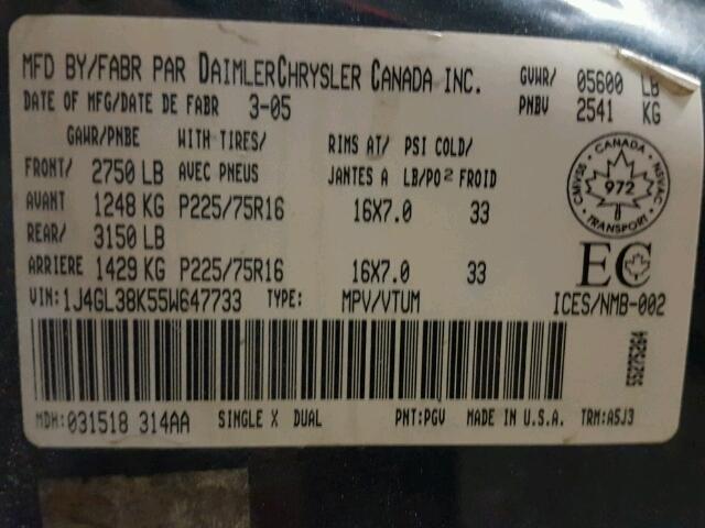 1J4GL38K55W647733 - 2005 JEEP LIBERTY RE TEAL photo 10