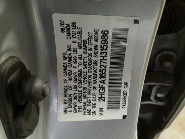 2HGFA16527H315986 - 2007 HONDA CIVIC LX SILVER photo 10