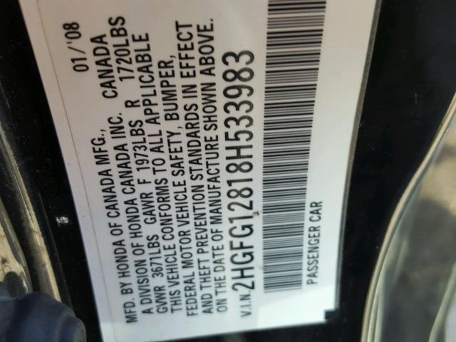 2HGFG12818H533983 - 2008 HONDA CIVIC EX შავი ფოტო 10