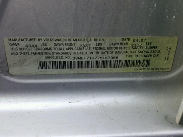 3VWEF71K77M167358 - 2007 VOLKSWAGEN JETTA WOLF SILVER photo 10