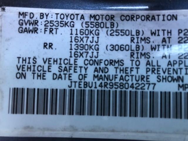 JTEBU14R958042277 - 2005 TOYOTA 4RUNNER SR BLUE photo 10