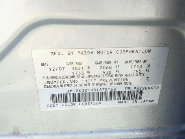 JM1BK32F981872169 - 2008 MAZDA 3 I SILVER photo 10