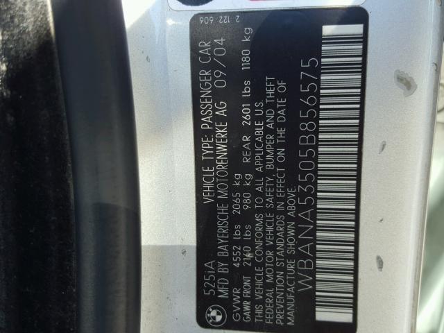 WBANA53505B856575 - 2005 BMW 525 I SILVER photo 10