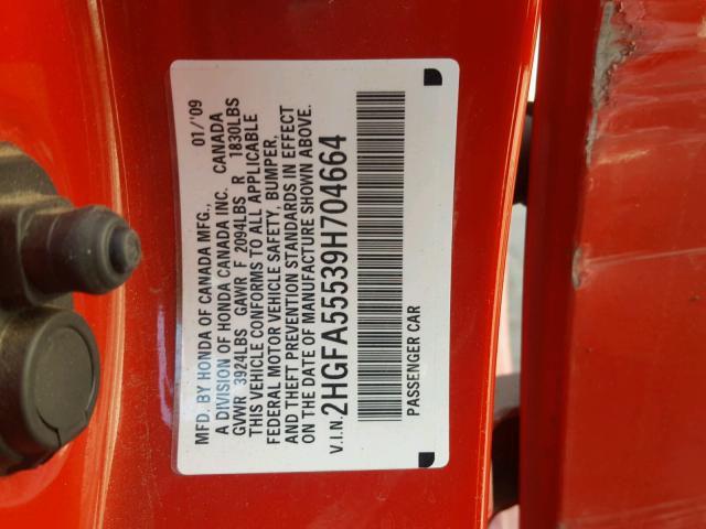 2HGFA55539H704664 - 2009 HONDA CIVIC SI RED photo 10