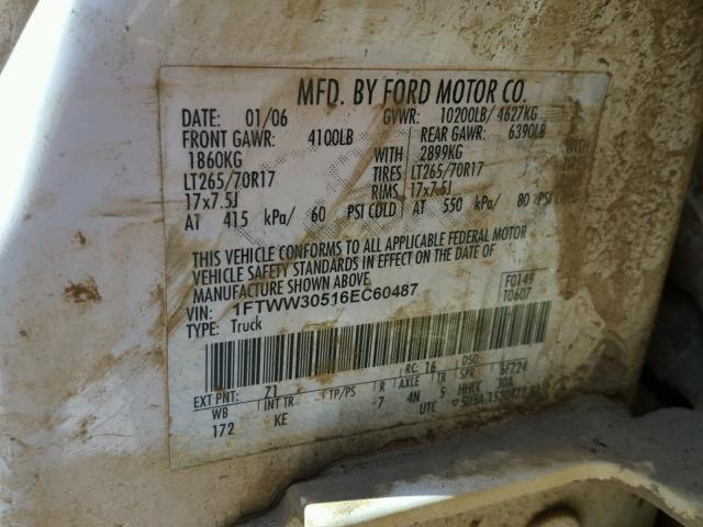 1FTWW30516EC60487 - 2006 FORD F350 SRW S WHITE photo 10