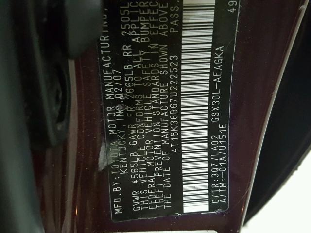 4T1BK36B67U222523 - 2007 TOYOTA AVALON XL BURGUNDY photo 10