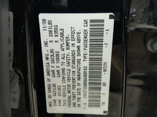 1HGCP26899A068162 - 2009 HONDA ACCORD EXL BLACK photo 10