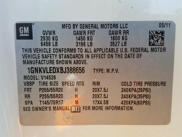 1GNKVLEDXBJ388656 - 2011 CHEVROLET TRAVERSE L CREAM photo 10