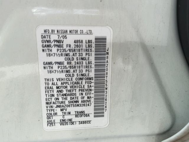 JN8AZ08T55W326247 - 2005 NISSAN MURANO SL WHITE photo 10