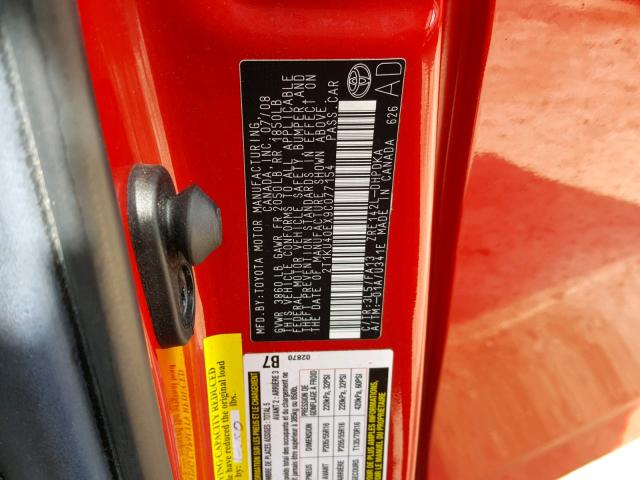 2T1KU40EX9C077154 - 2009 TOYOTA COROLLA MA RED photo 10