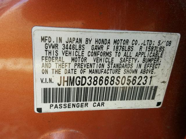 JHMGD38668S056231 - 2008 HONDA FIT SPORT ORANGE photo 10