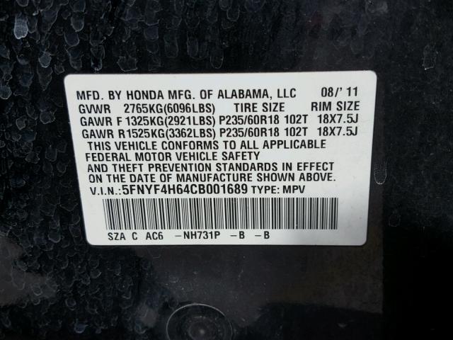 5FNYF4H64CB001689 - 2012 HONDA PILOT EXL BLACK photo 10