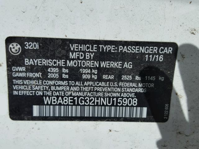 WBA8E1G32HNU15908 - 2017 BMW 320 I WHITE photo 10
