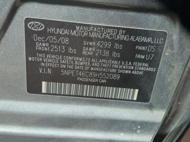 5NPET46C89H552089 - 2009 HYUNDAI SONATA GLS CHARCOAL photo 10