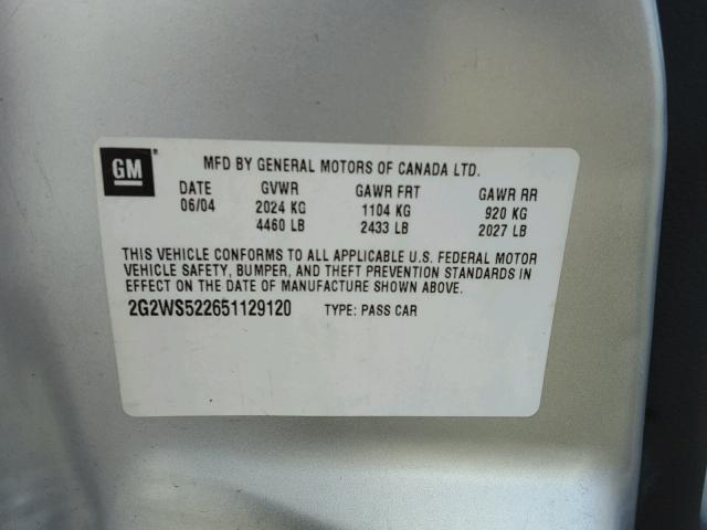 2G2WS522651129120 - 2005 PONTIAC GRAND PRIX SILVER photo 10