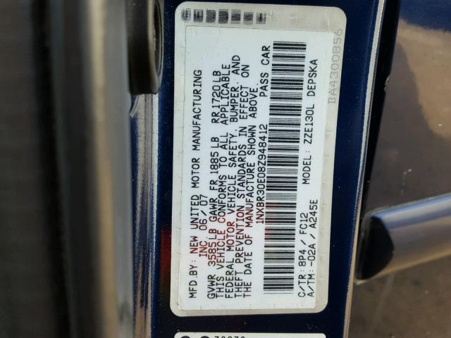 1NXBR30E08Z948412 - 2008 TOYOTA COROLLA CE BLUE photo 10