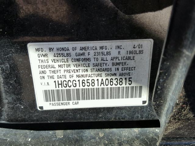 1HGCG16581A063815 - 2001 HONDA ACCORD EX BLACK photo 10