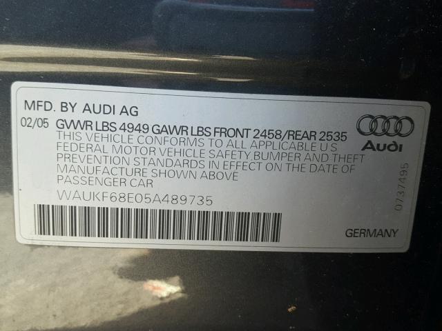 WAUKF68E05A489735 - 2005 AUDI A4 2.0T AV GRAY photo 10