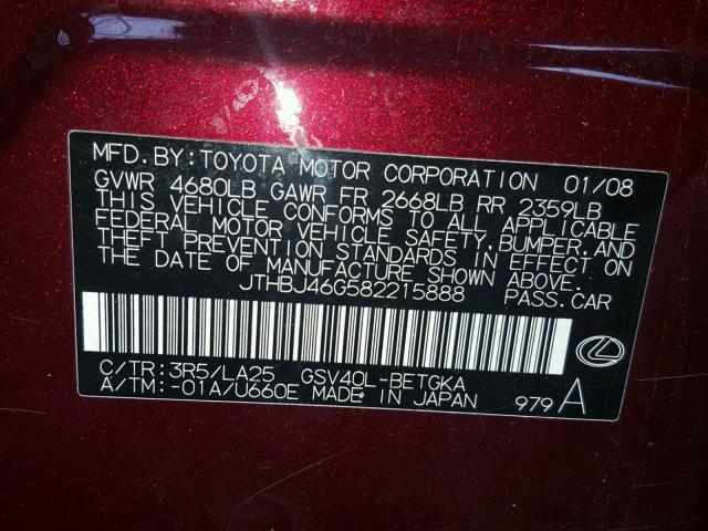 JTHBJ46G582215888 - 2008 LEXUS ES 350 RED photo 10