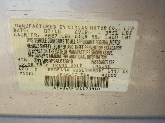 3N1AB6AP9AL673910 - 2010 NISSAN SENTRA 2.0 SILVER photo 10