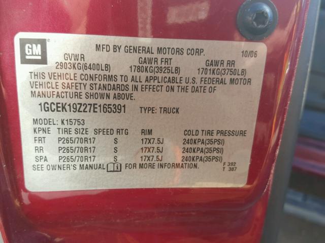 1GCEK19Z27E165391 - 2007 CHEVROLET SILVERADO RED photo 10