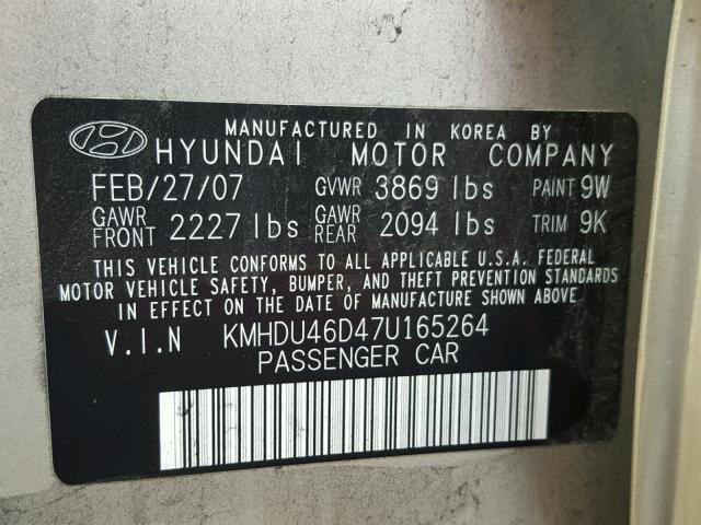 KMHDU46D47U165264 - 2007 HYUNDAI ELANTRA GL GOLD photo 10