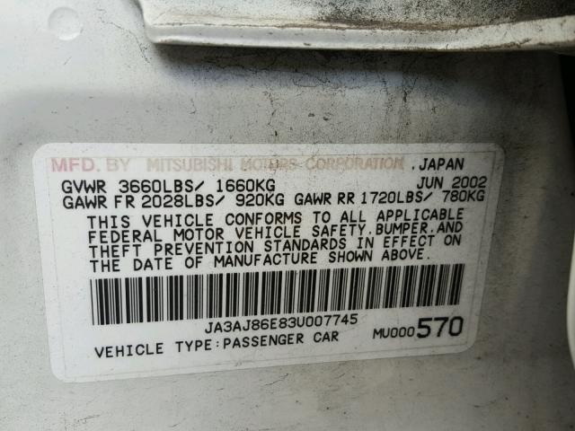 JA3AJ86E83U007745 - 2003 MITSUBISHI LANCER OZ WHITE photo 10