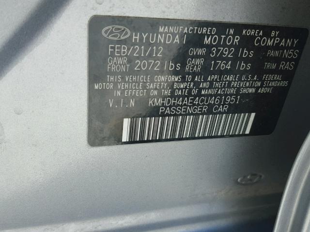 KMHDH4AE4CU461951 - 2012 HYUNDAI ELANTRA GL SILVER photo 10