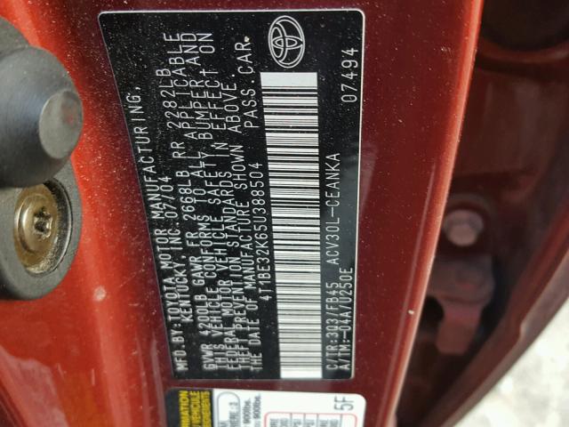 4T1BE32K65U388504 - 2005 TOYOTA CAMRY LE RED photo 10