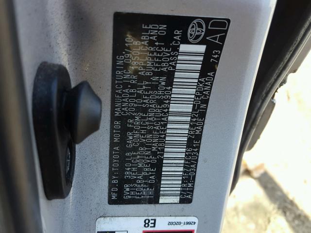 2T1BU4EE1AC494904 - 2010 TOYOTA COROLLA BA SILVER photo 10