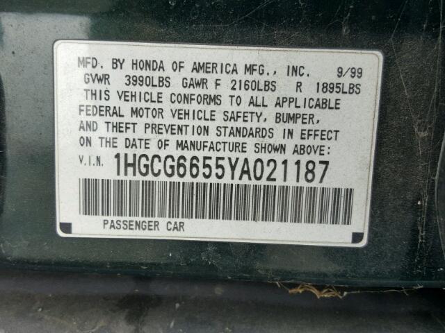 1HGCG6655YA021187 - 2000 HONDA ACCORD LX GREEN photo 10