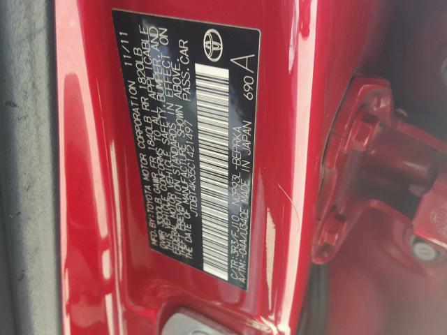 JTDBT4K35C1421497 - 2012 TOYOTA YARIS RED photo 10