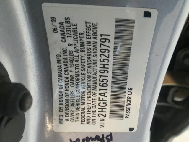 2HGFA16519H529791 - 2009 HONDA CIVIC LX SILVER photo 10