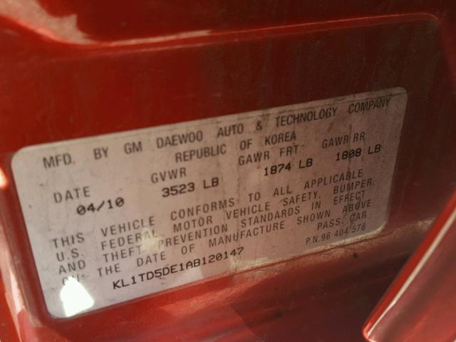 KL1TD5DE1AB120147 - 2010 CHEVROLET AVEO LS 红色 照片 10