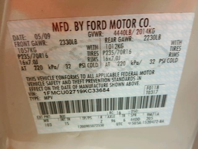 1FMCU02719KC33684 - 2009 FORD ESCAPE XLS CREAM photo 10