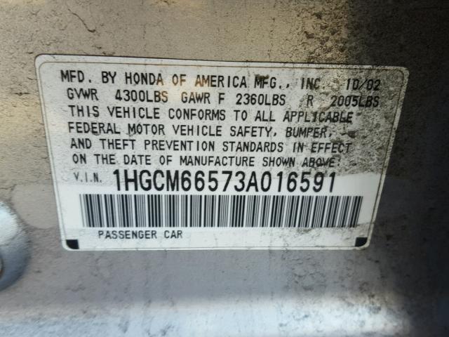 1HGCM66573A016591 - 2003 HONDA ACCORD EX SILVER photo 10