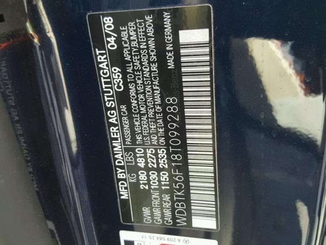 WDBTK56F18T099288 - 2008 MERCEDES-BENZ CLK 350 BLUE photo 10