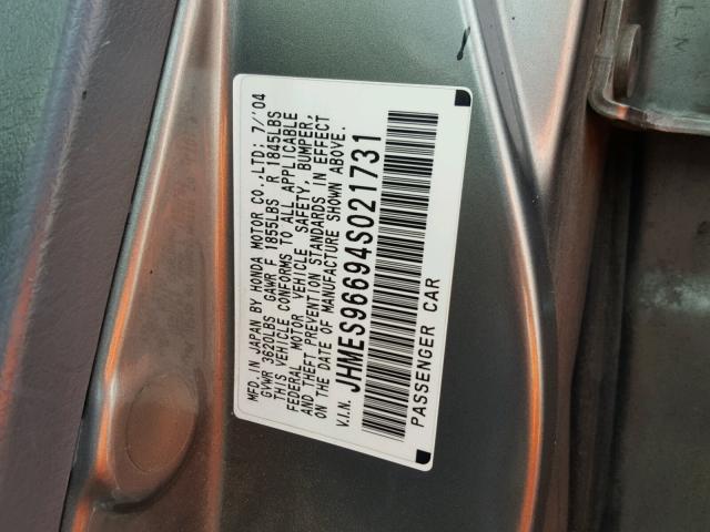 JHMES96694S021731 - 2004 HONDA CIVIC HYBR GRAY photo 10