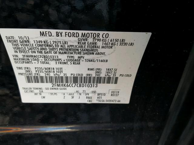 2FMHK6CC7CBD10313 - 2012 FORD FLEX SEL BLACK photo 10