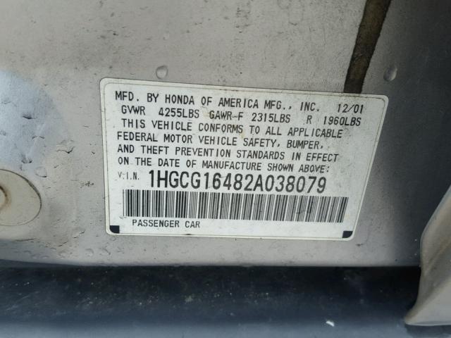 1HGCG16482A038079 - 2002 HONDA ACCORD LX SILVER photo 10