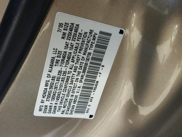 5FNRL38885B130756 - 2005 HONDA ODYSSEY TO GOLD photo 10