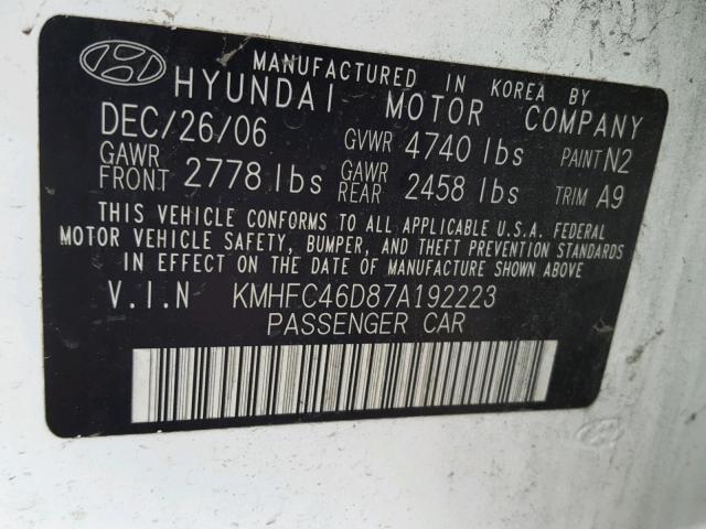 KMHFC46D87A192223 - 2007 HYUNDAI AZERA GLS WHITE photo 10