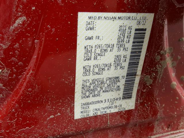 1N6BA0ED9CN331049 - 2012 NISSAN TITAN S RED photo 10