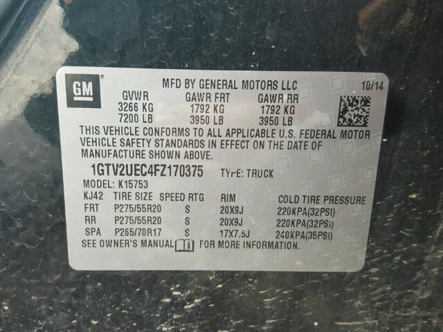 1GTV2UEC4FZ170375 - 2015 GMC SIERRA K15 BLACK photo 10