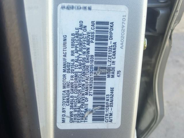 2T1KR32E13C051039 - 2003 TOYOTA MATRIX SILVER photo 10