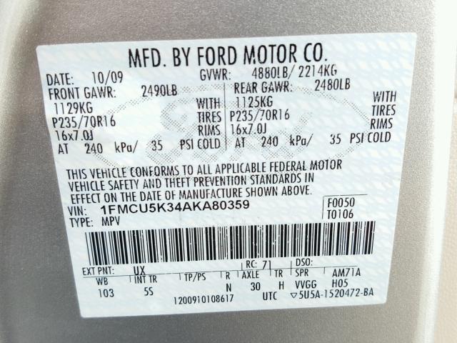 1FMCU5K34AKA80359 - 2010 FORD ESCAPE HYB SILVER photo 10